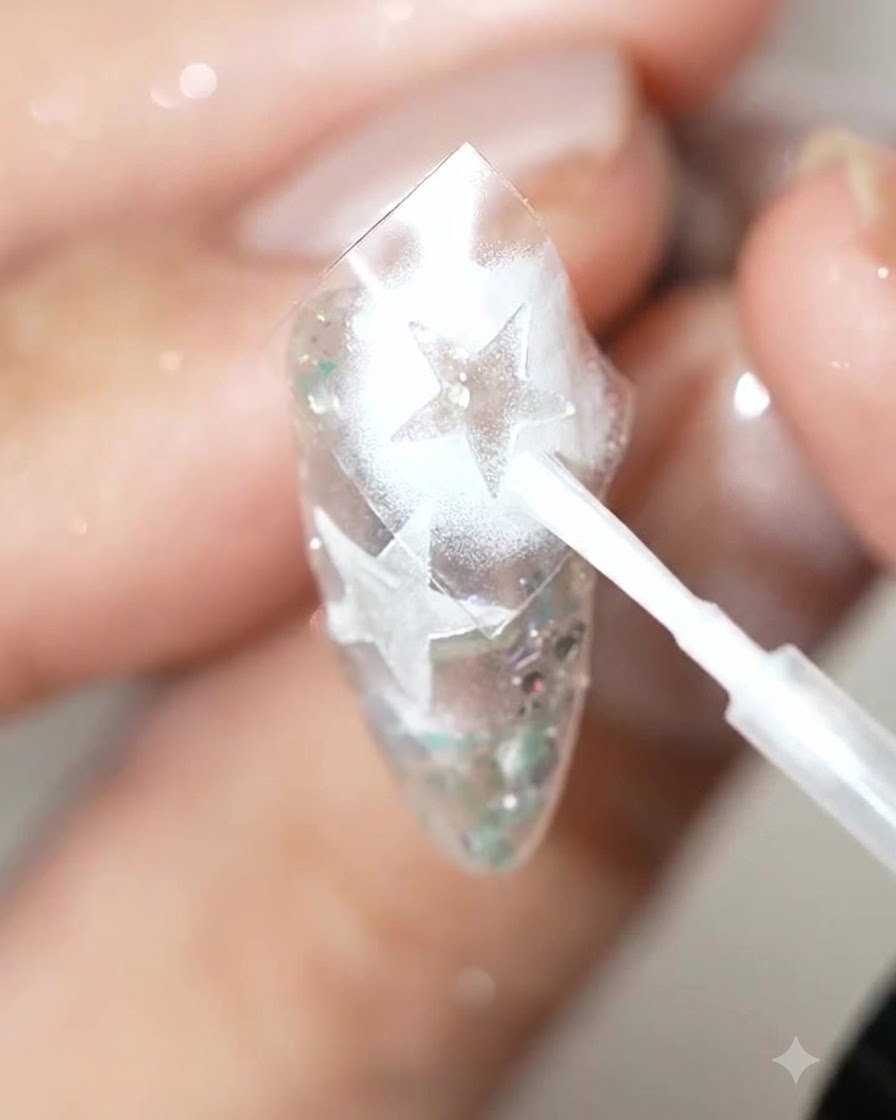 Un piccolo pennello applica il liquido blooming bianco perla su una superficie decorata dellunghia con pattern di stelle.