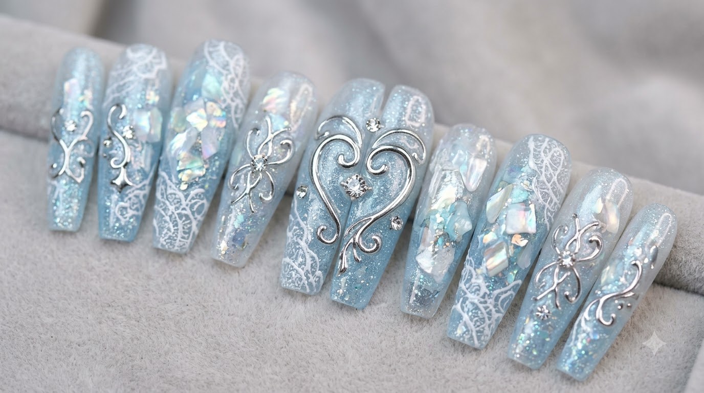 Unghie Effetto Specchio Azzurro Ghiaccio con Cuori e Cuore Cromato — Tutorial Press-On Passo dopo Passo