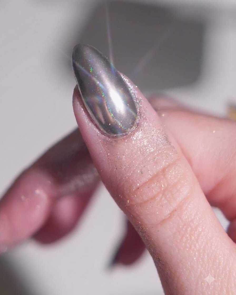 Un primo piano di ununghia a mandorla completamente rivestita in argento cromato riflettente, con polvere libera luccicante visibile sulla pelle circostante.