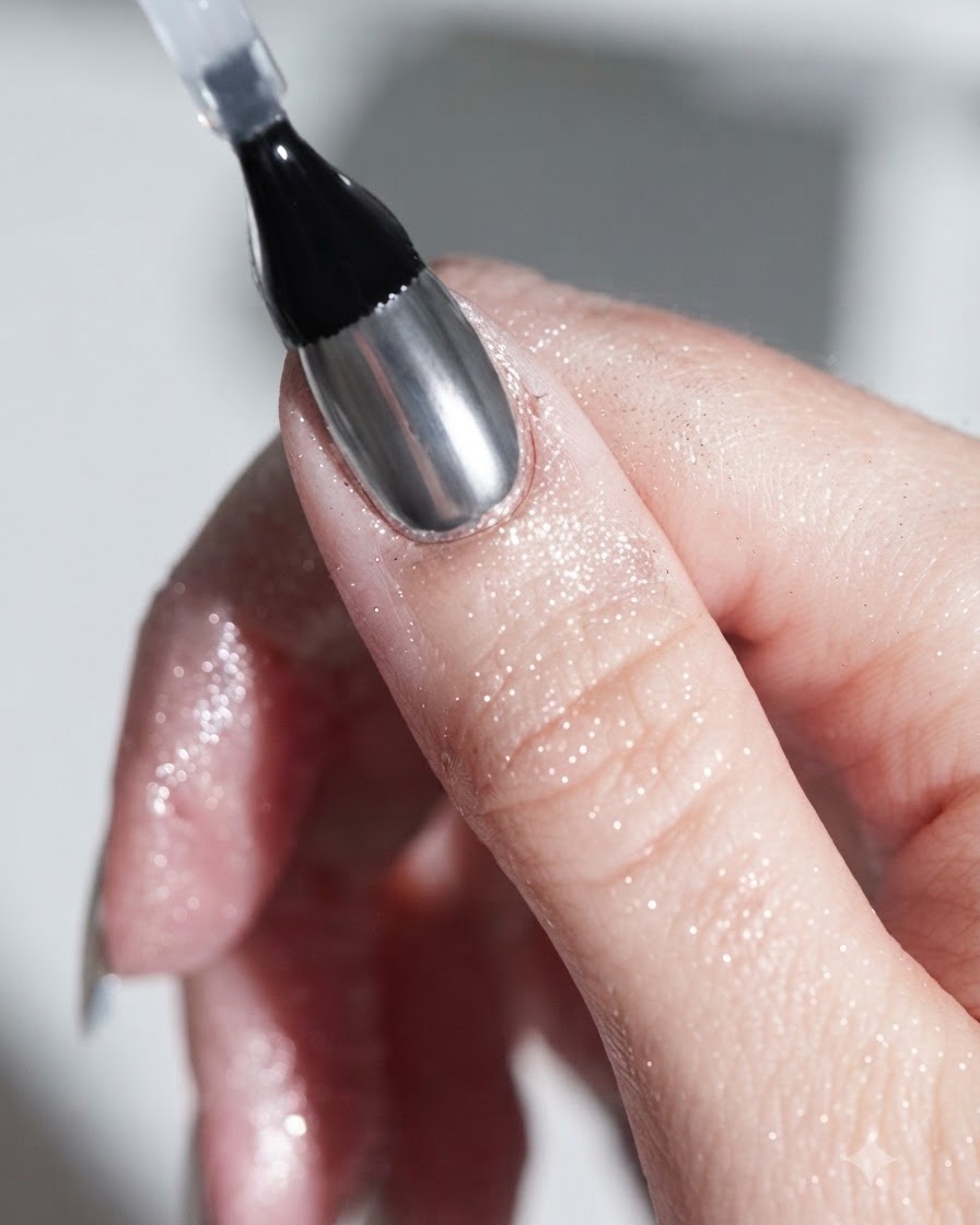 Un primo piano di un pennello che applica un top coat in gel trasparente e lucido sopra ununghia in argento cromato metallizzato.