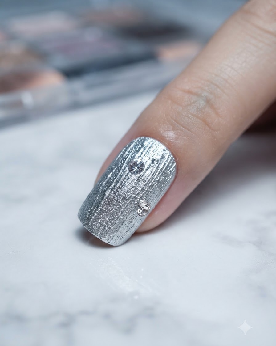 Primo piano di ununghia con tre strass rotondi posizionati con precisione sulla superficie argentata.