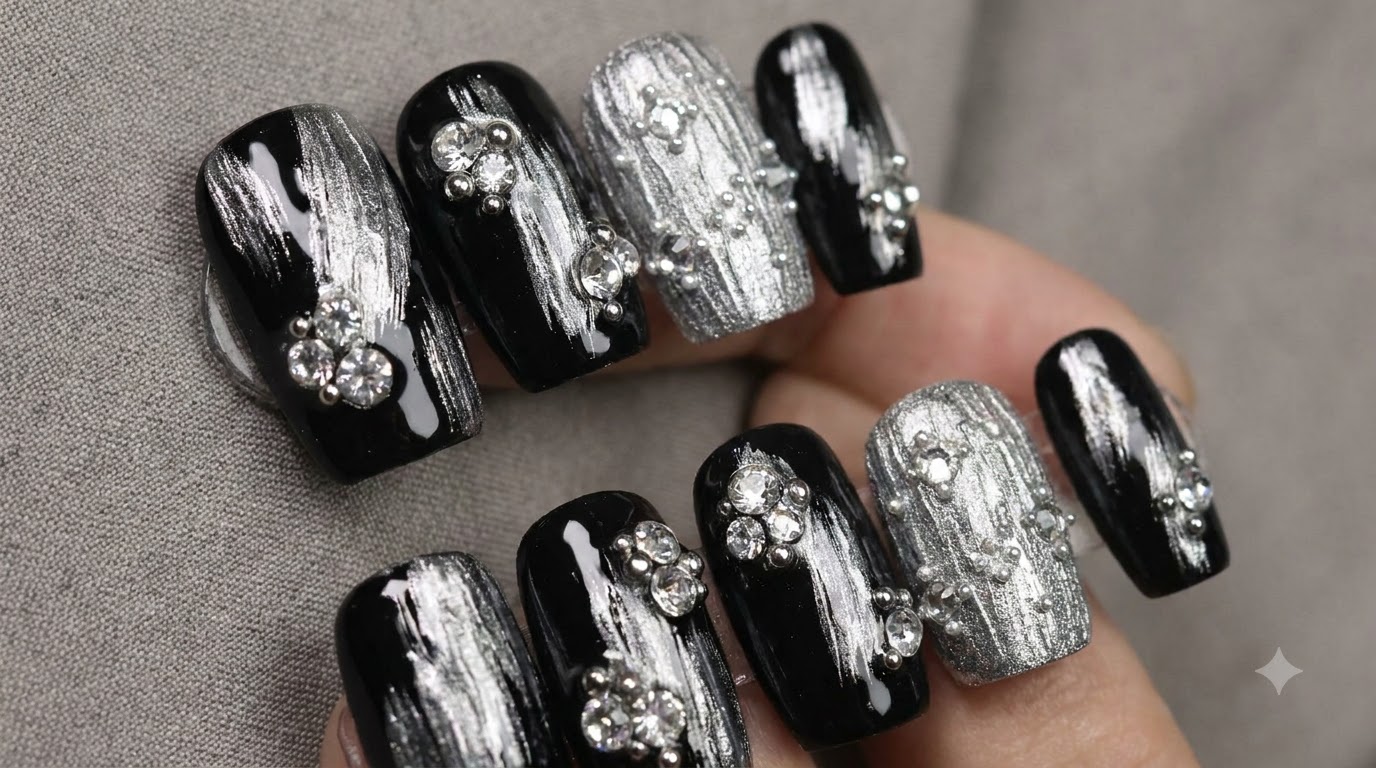 Tutorial di nail art metallica nera con texture argentata e decorazioni in strass