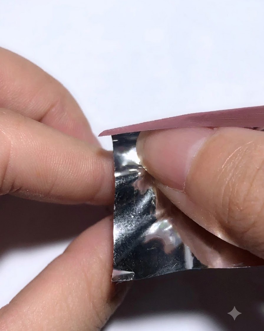 Foil sollevato da un dito per mostrare la texture trasferita.