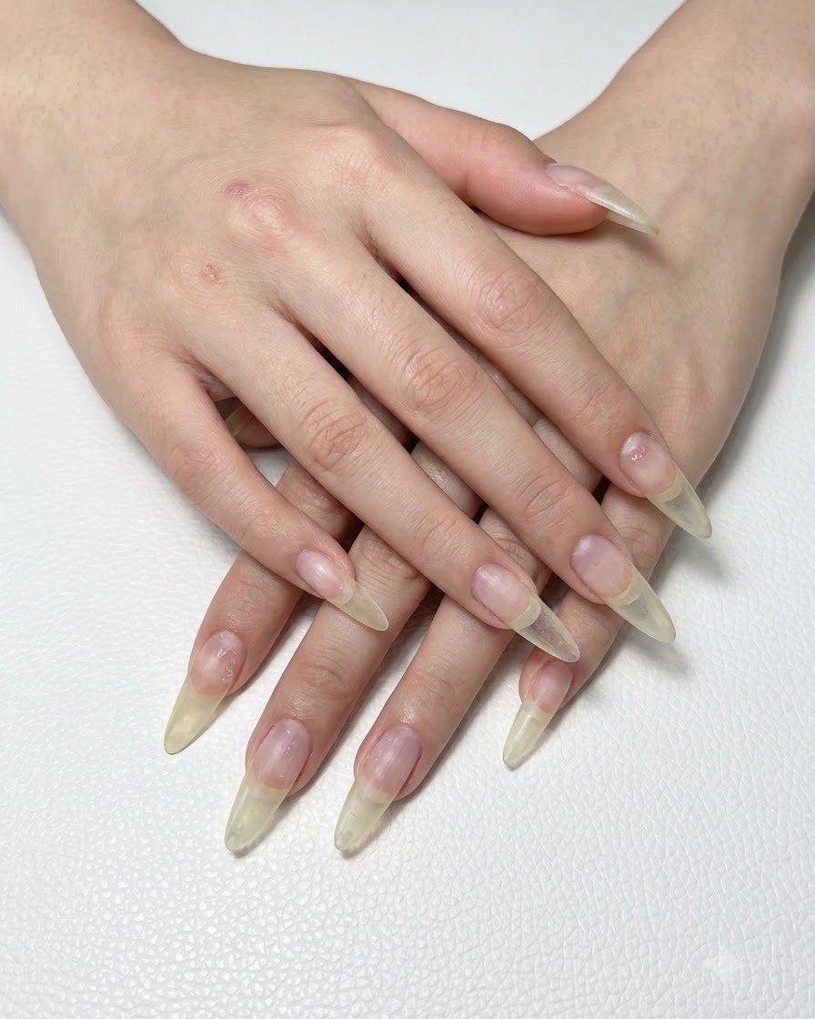 Primo piano di mani con unghie lunghe naturali pre-allungate pronte per lapplicazione del gel.