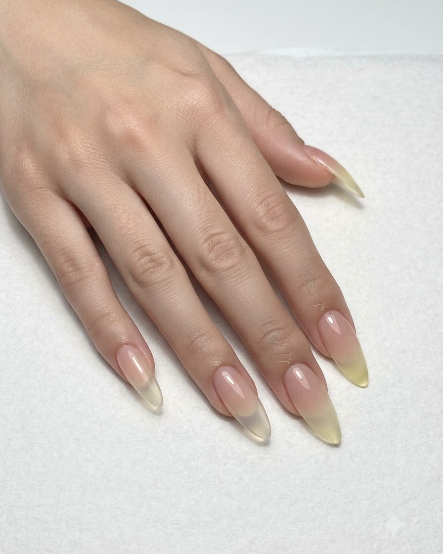 Vista in primo piano di mani che mostrano la base sfumata completata, pronta per la fase successiva della nail art.