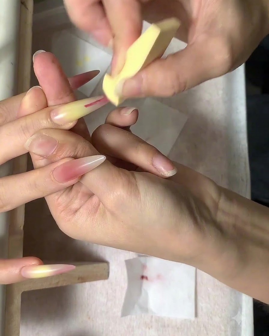 Una spugnetta cosmetica che tampona leggermente linee dipinte di rosa su ununghia a mandorla.