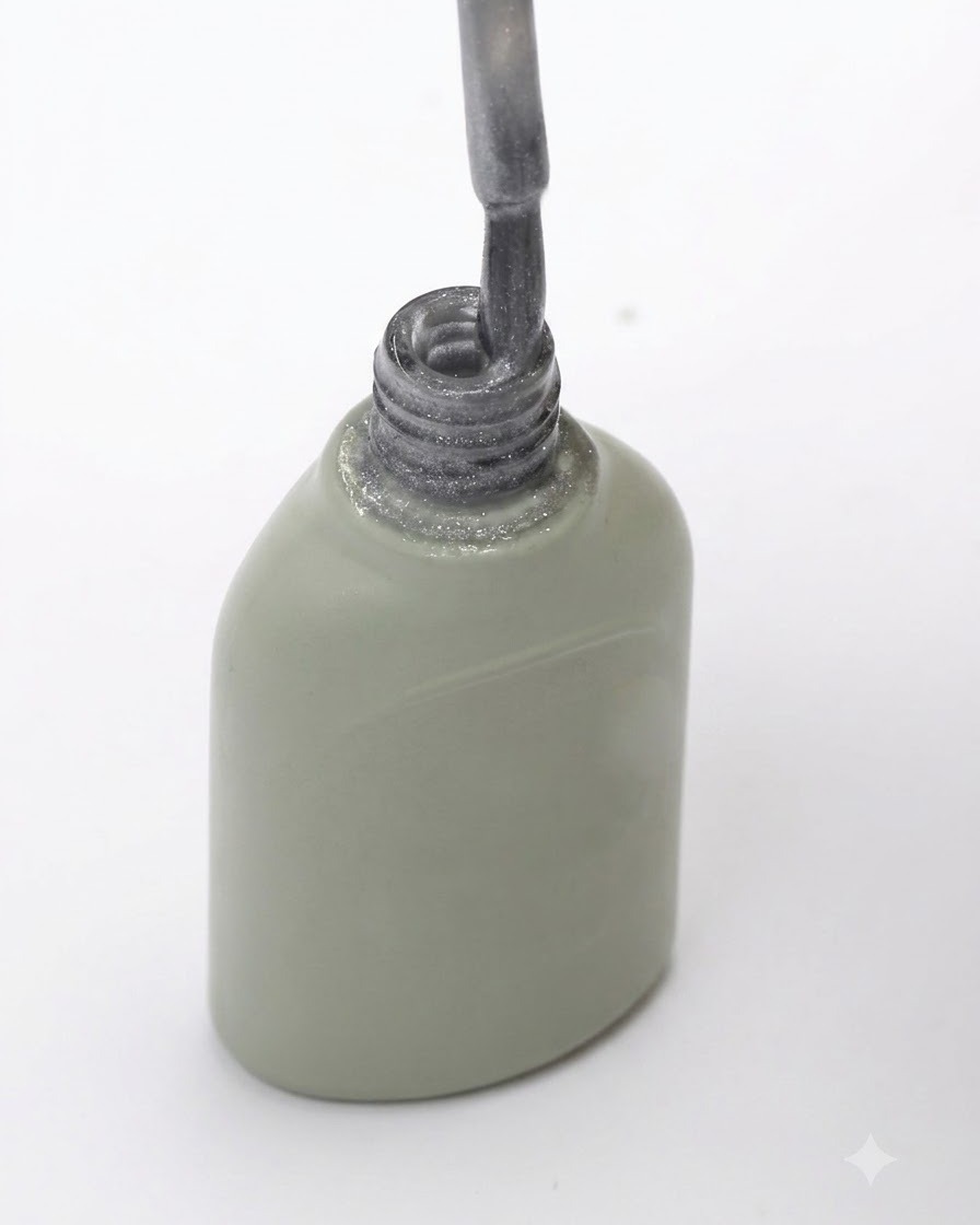 Un pennello estratto da una bottiglietta di smalto gel grigio con il prodotto in eccesso rimosso contro il bordo della bottiglietta.
