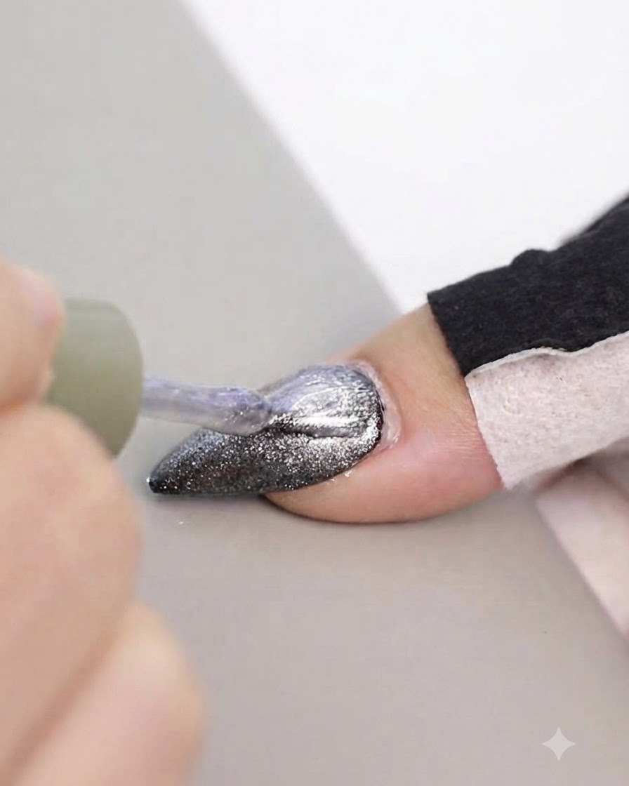Un pennello per unghie che applica il gel cat eye argento brillante su una punta di unghia a mandorla dipinta di scuro.