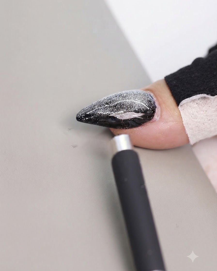Uno strumento magnetico posizionato vicino al bordo laterale di ununghia decorata cat eye per spostare il riflesso.
