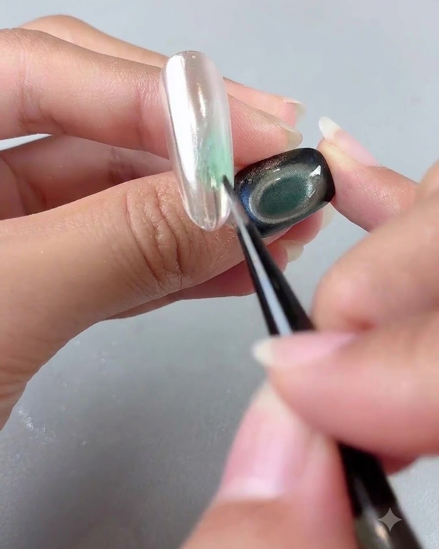 Un pennello fine per nail art che sfuma un delicato strato di colore verde su ununghia lucida con finitura a specchio.