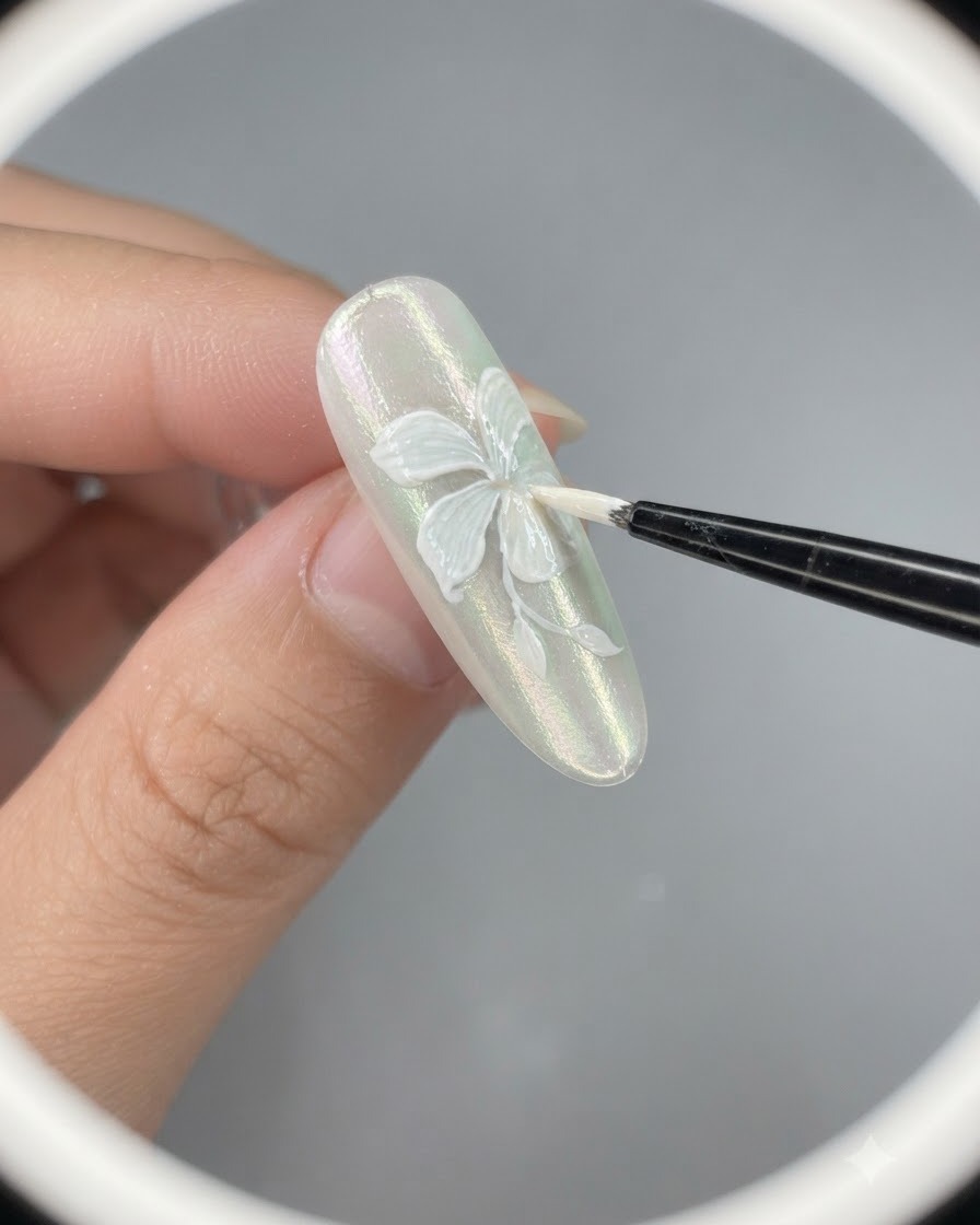 Un primo piano di un pennello per unghie che aggiunge mezzo petalo e lo stelo al design di nail art del giglio bianco.