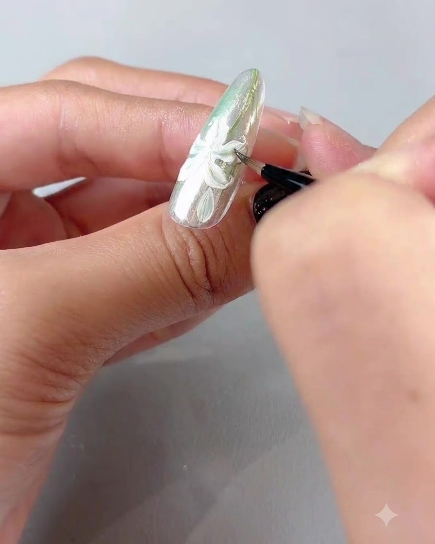 Un pennello fine che dipinge delicate foglie verdi attorno al design di nail art con giglio bianco.