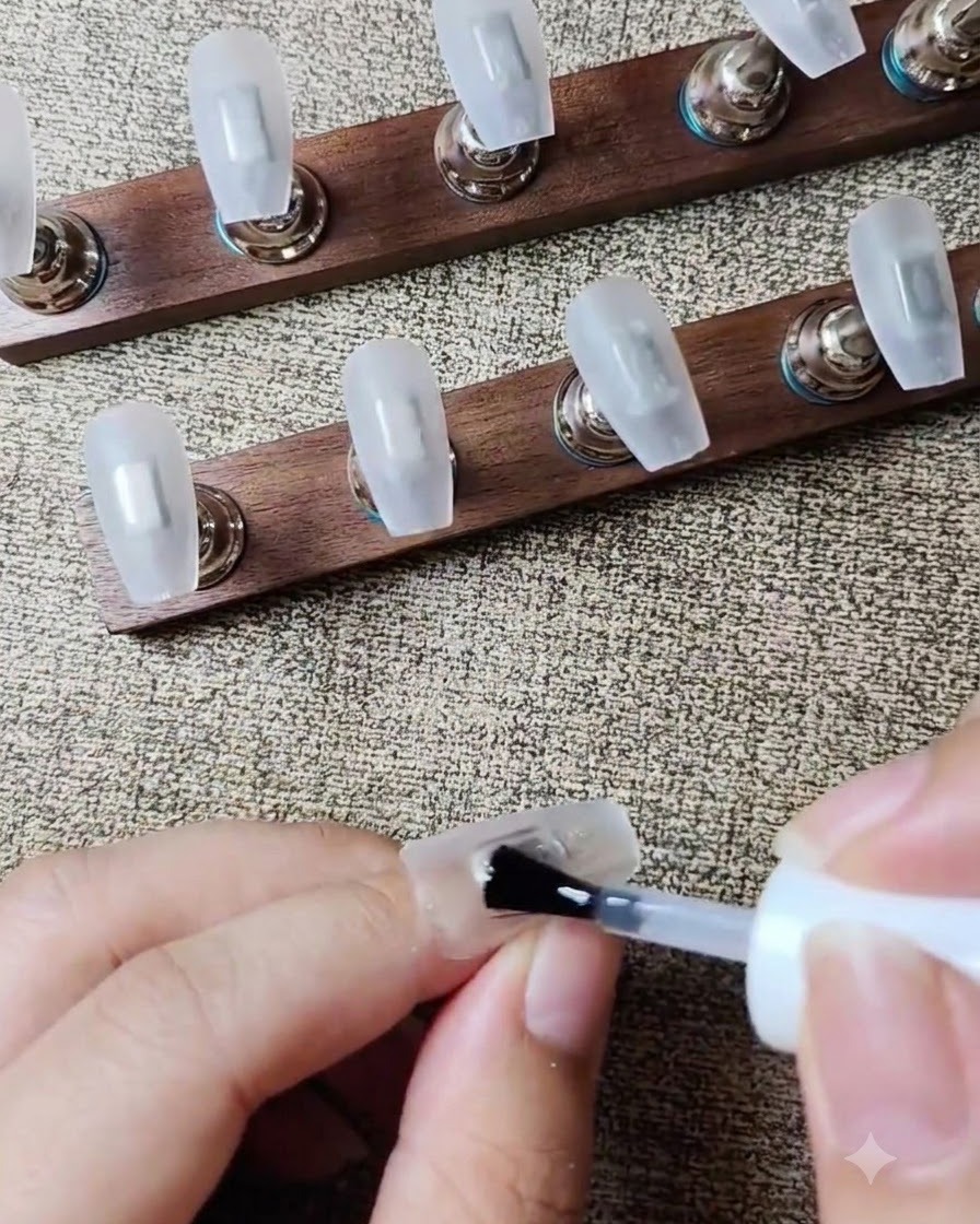 Un pennello da gel che applica una mano di base trasparente su una tip per unghie trasparente a forma di ballerina.