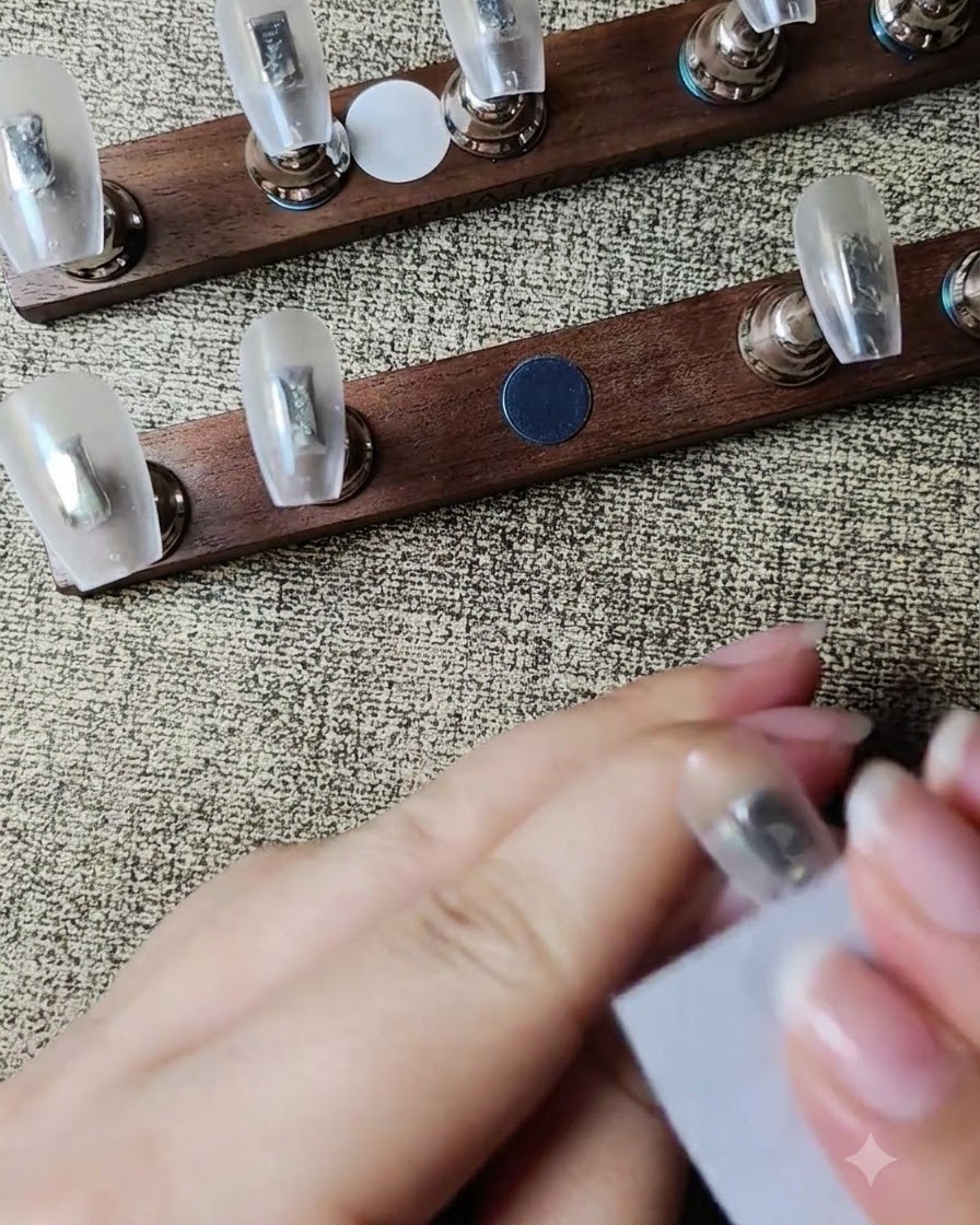 Una spugnetta che tampona del gel bianco latte al centro di una tip per unghie trasparente.