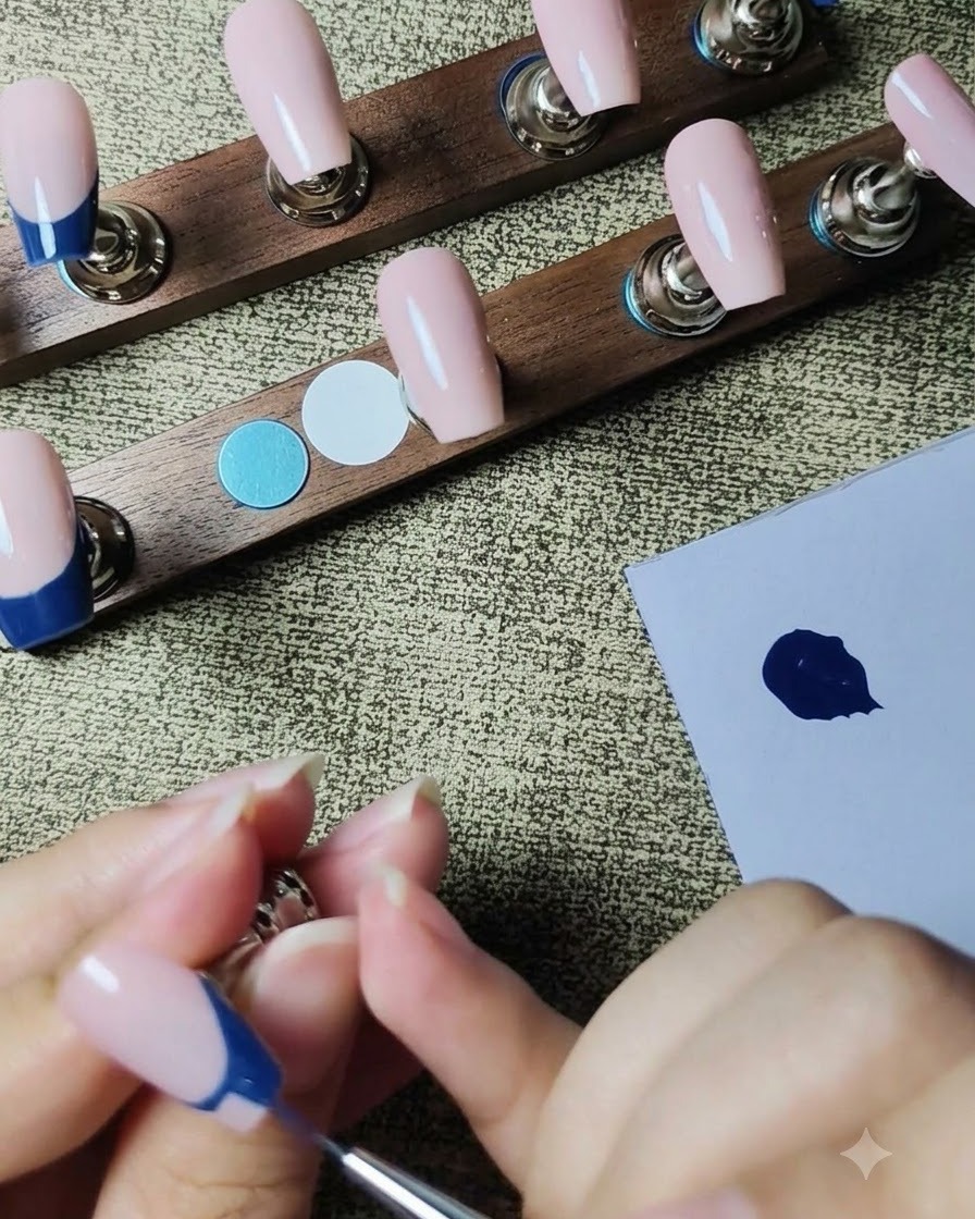Un pennello liner che riempie il pigmento blu scuro di una French su ununghia posticcia.
