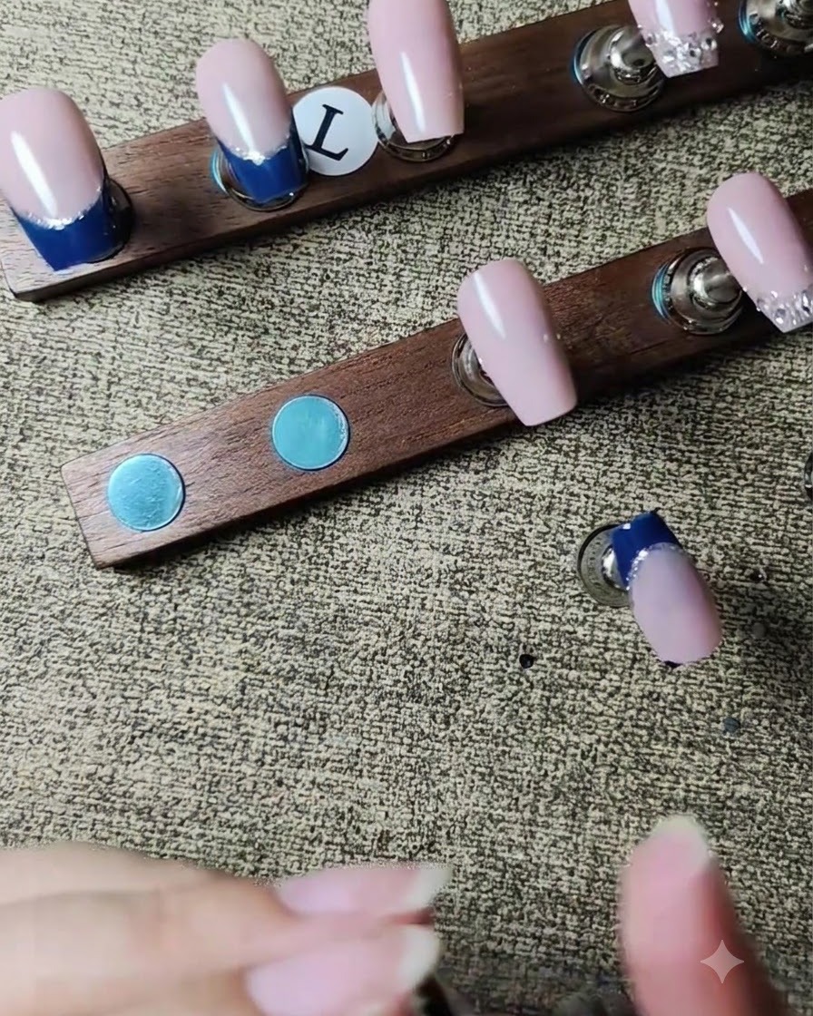 Strass blu e bianchi alternati posizionati lungo la metà della linea di sorriso di una French.