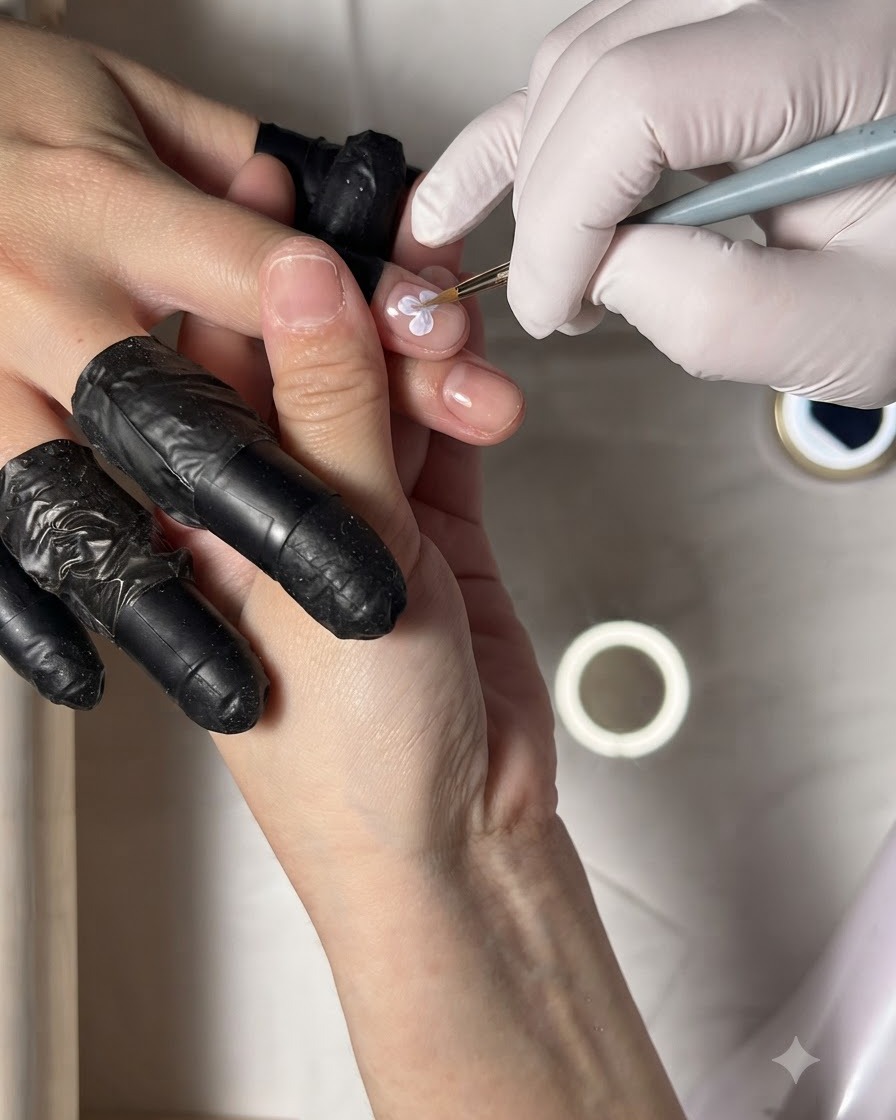 Un pennello fine applica del gel blu sul bordo interno dei petali bianchi dipinti.