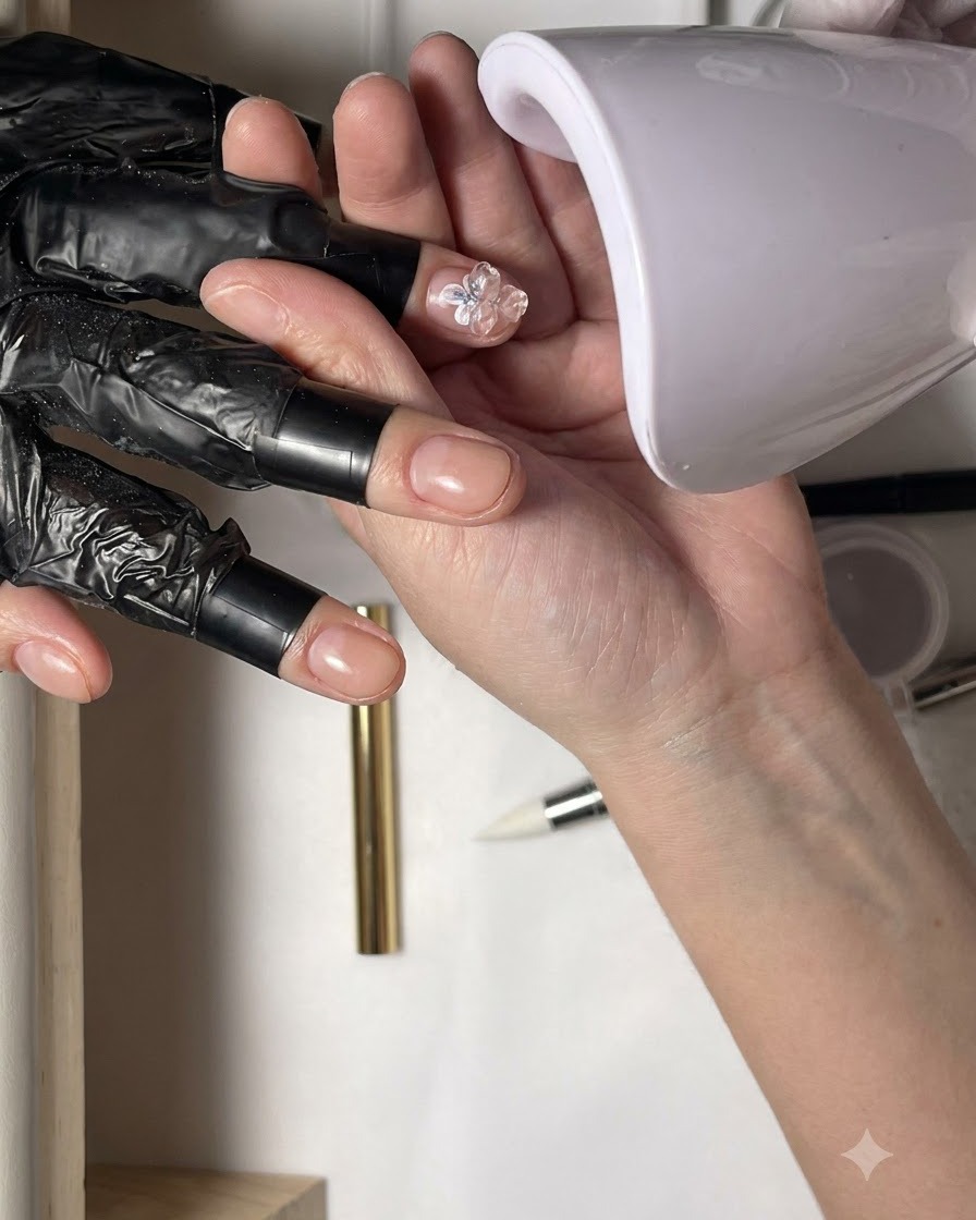Una mini lampada UV portatile bianca tenuta sopra un dito per polimerizzare gli elementi di nail art appena posizionati.
