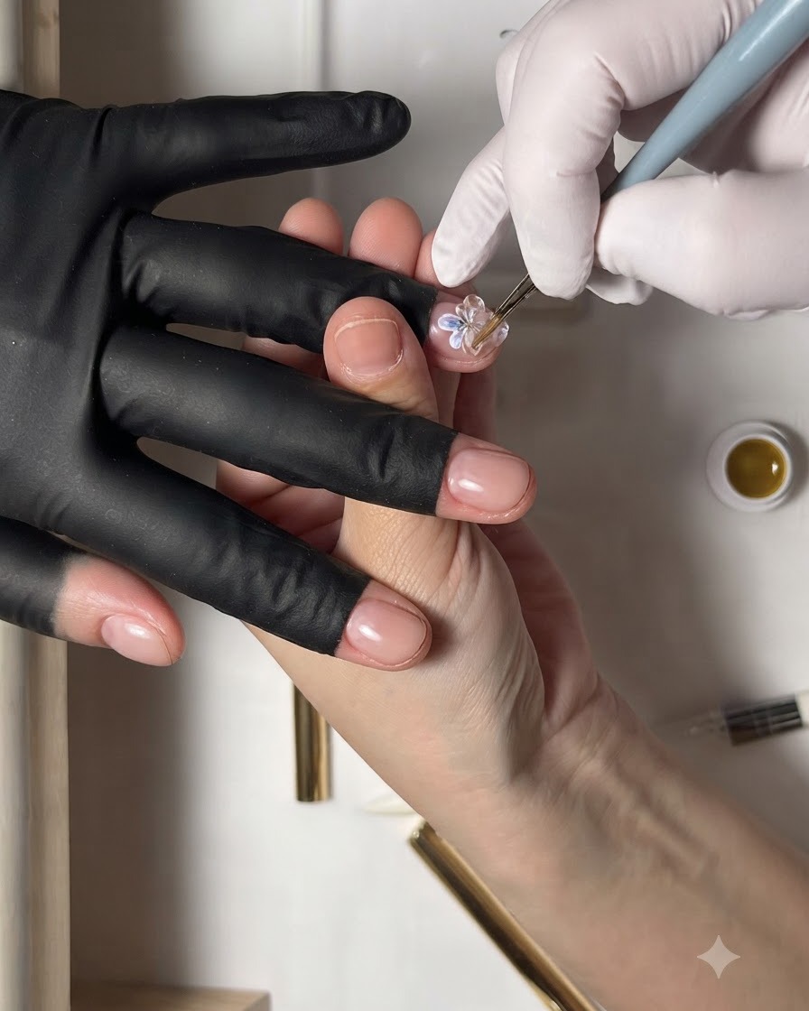 Un pennello fine modella una spessa goccia di gel trasparente 3D in un petalo in rilievo su ununghia.
