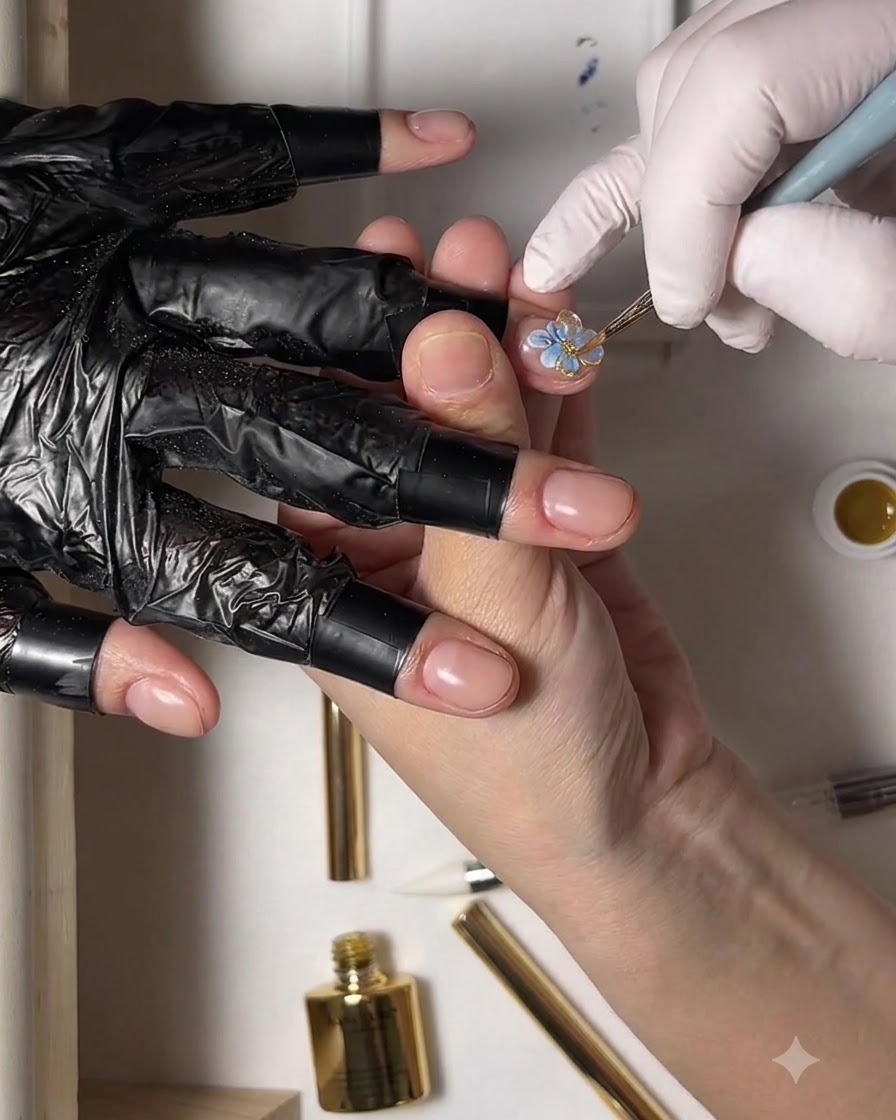 Un pennello fine forma un secondo petalo in gel trasparente 3D adiacente al primo petalo su ununghia.