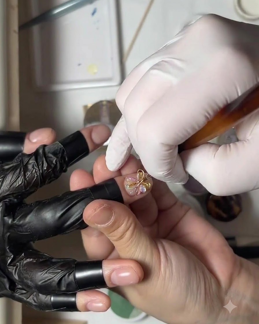 Una mano guantata che usa la punta di un pennello per regolare delicatamente un cluster di microperle in una forma circolare su ununghia.