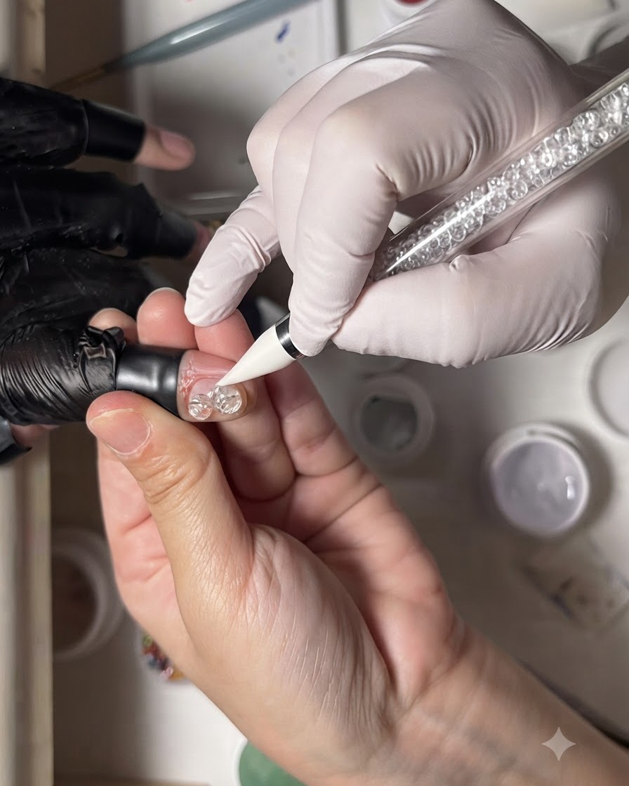 Una mano guantata che usa uno strumento a matita di cera bianca per posizionare un minuscolo strass in un anello di gel trasparente su ununghia.