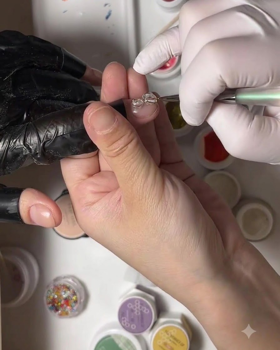 Un pennello fine per dettagli applica gel colorato rosa nellanello trasparente inferiore di un design di nail art.