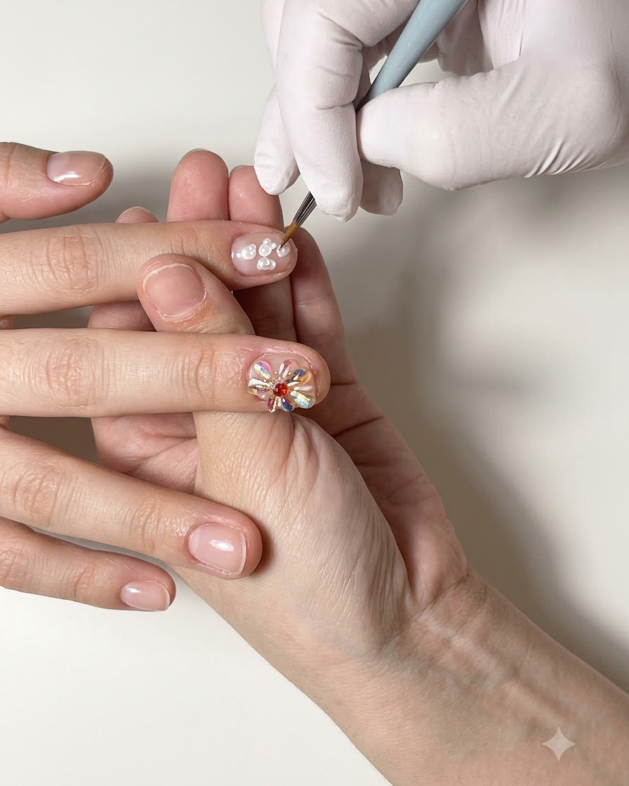 Un pennello fine per dettagli dipinge un delicato fiore in gel bianco a più petali su ununghia.