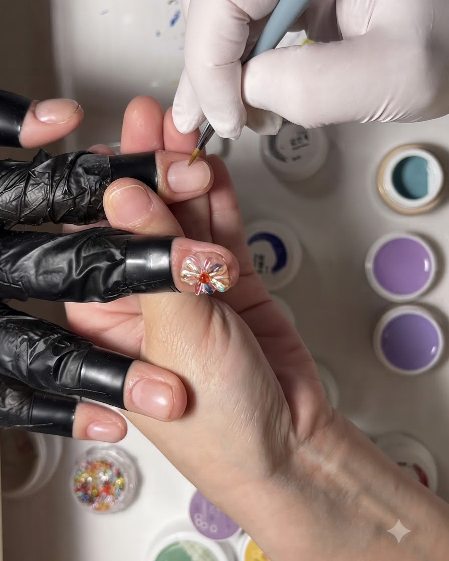 Un pennello fine per dettagli aggiunge ultimi piccoli petali bianchi per completare un design di nail art floreale.