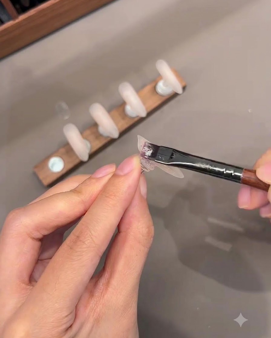Un dettaglio di un pennello che applica il gel base color nudo su una tip di unghia finta.