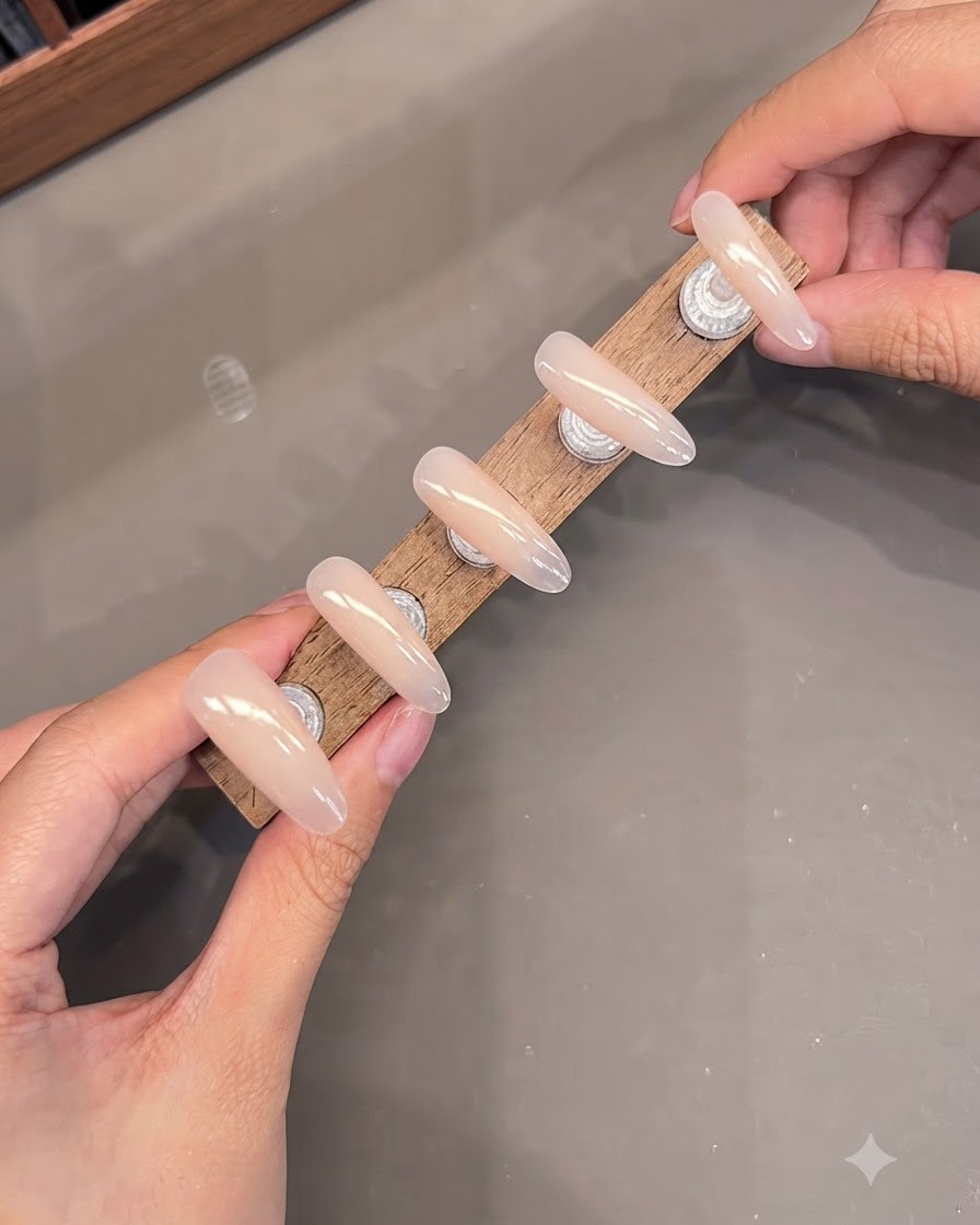 Un supporto di esposizione che mostra più unghie finte, con il gel cat-eye applicato sulla punta del dito indice.