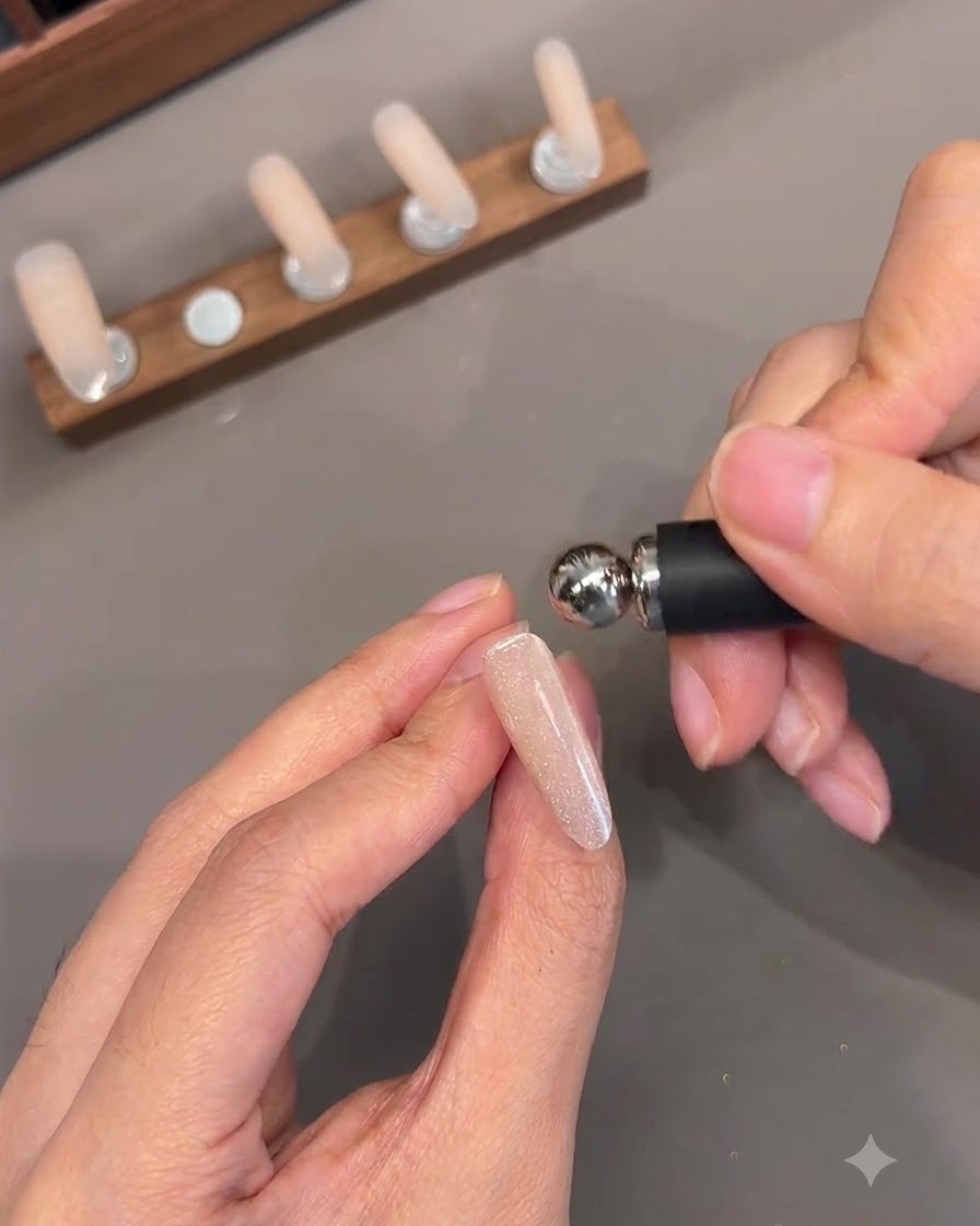 Uno strumento magnetico con testa sferica posizionato vicino a una tip di unghia finta per modellare il gel cat-eye.