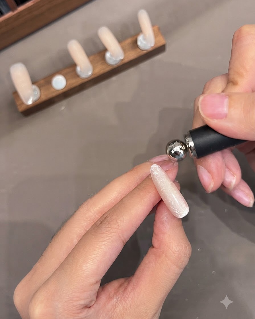 Uno strumento magnetico che modella un effetto cat-eye ampio con luce laterale su una tip di unghia finta.