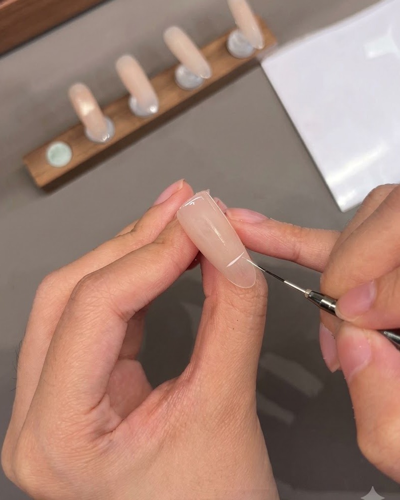 Un pennello sottile che disegna una linea bianca per french tip su una superficie di unghia finta rosa neutra.