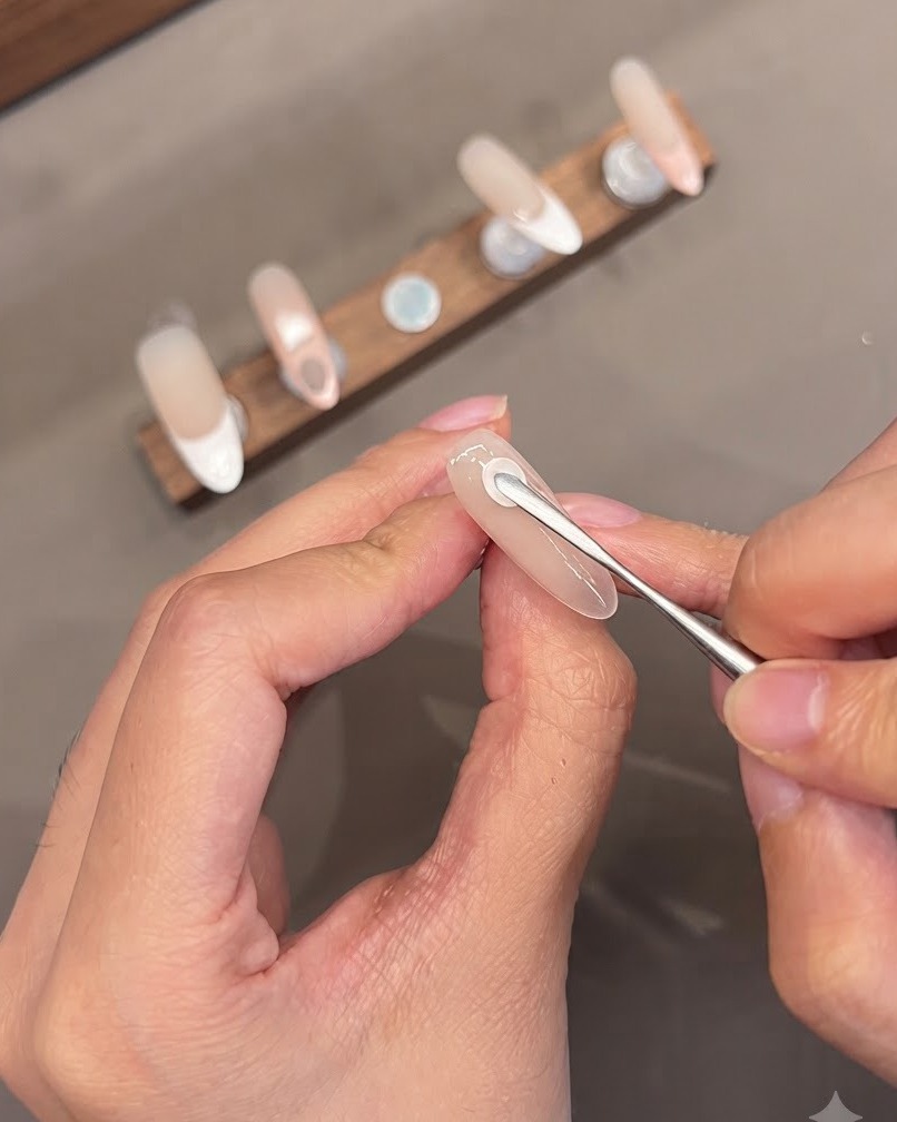 Uno strumento di dettaglio che modella petali di fiori in gel 3D su una superficie di unghia con base neutra.