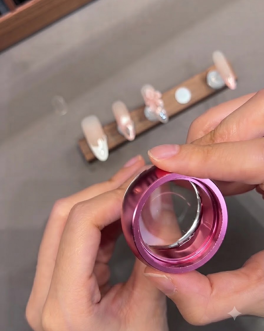 Una persona che usa un timbro in silicone gelatinoso trasparente rosa per trasferire un design di testo su ununghia.