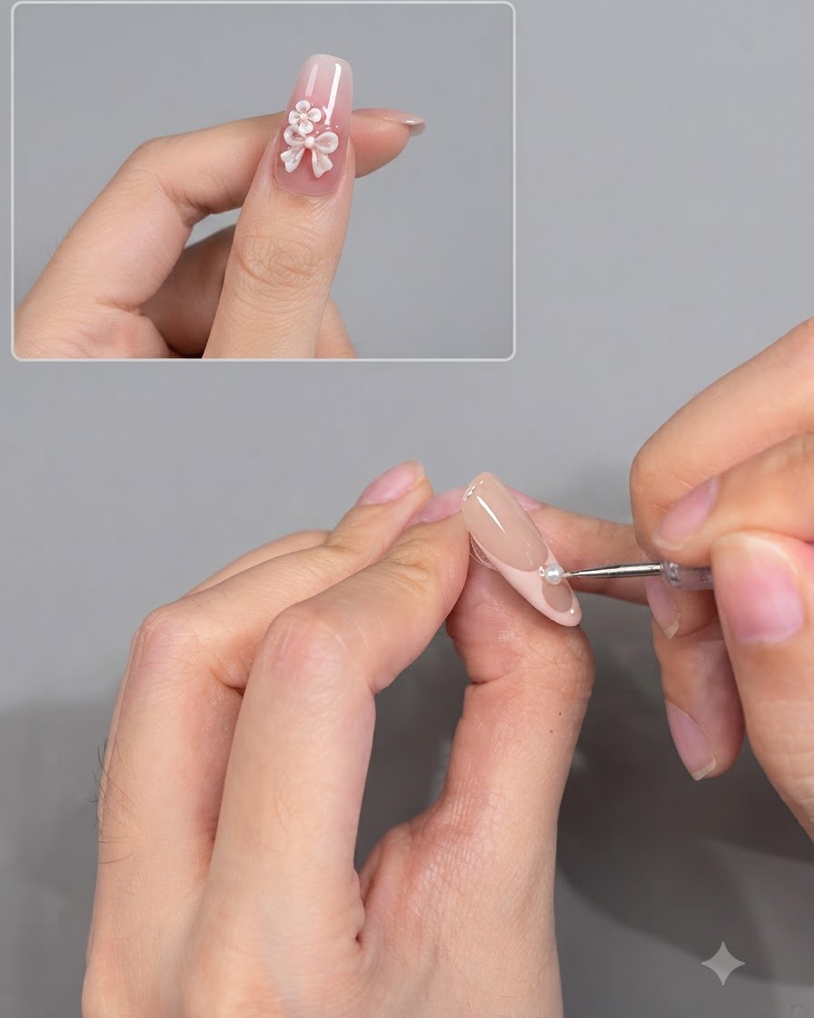 Uno strumento che posiziona una piccola decorazione di perla sulla linea del sorriso di ununghia con french manicure.