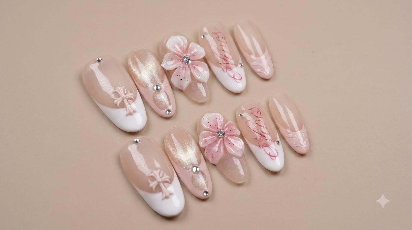 French Cat-Eye e Nail Art Floreale 3D — Tutorial Passo dopo Passo