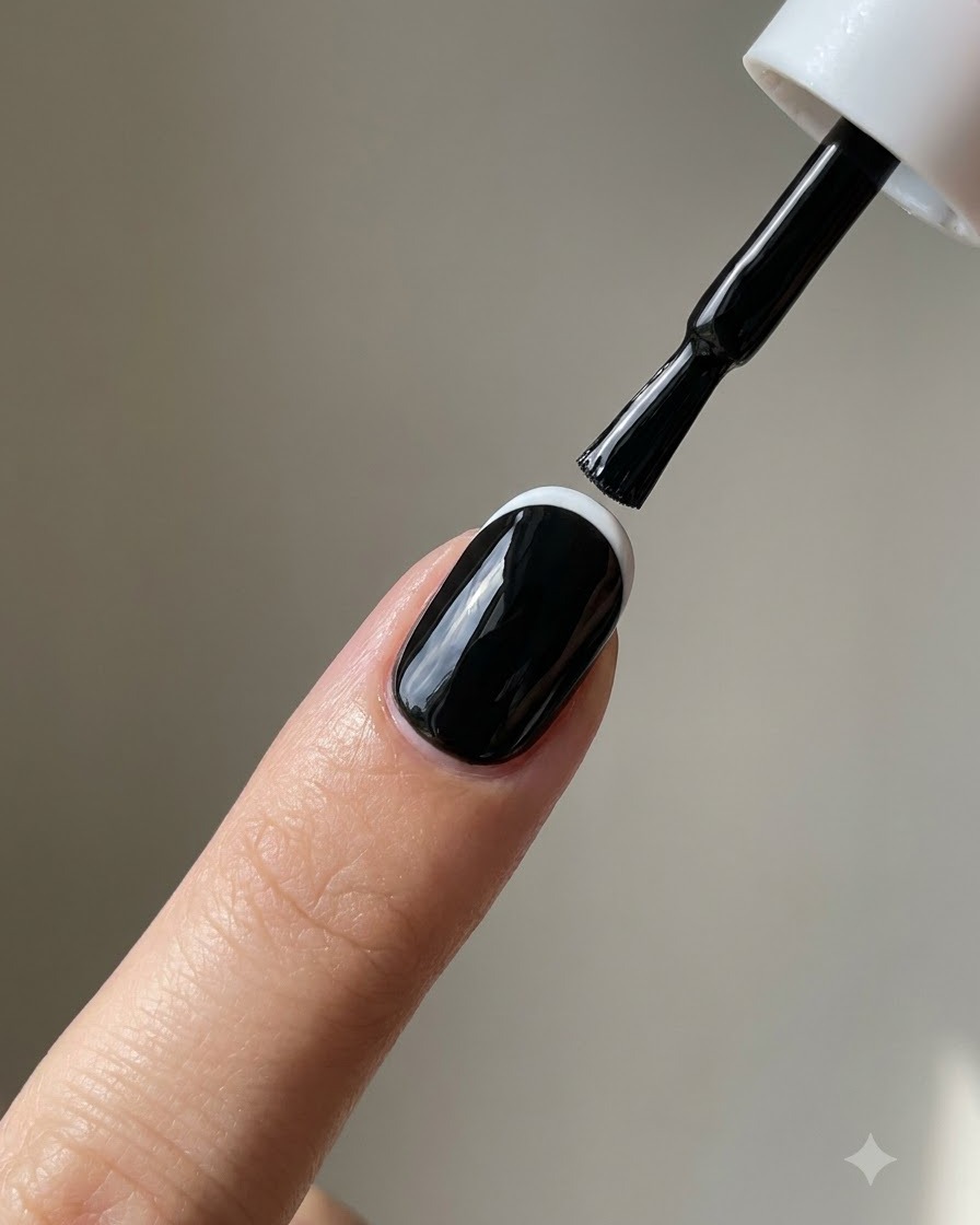 Un pennello liner sottile che disegna delicati contorni argentati di un giglio su ununghia smaltata di nero.
