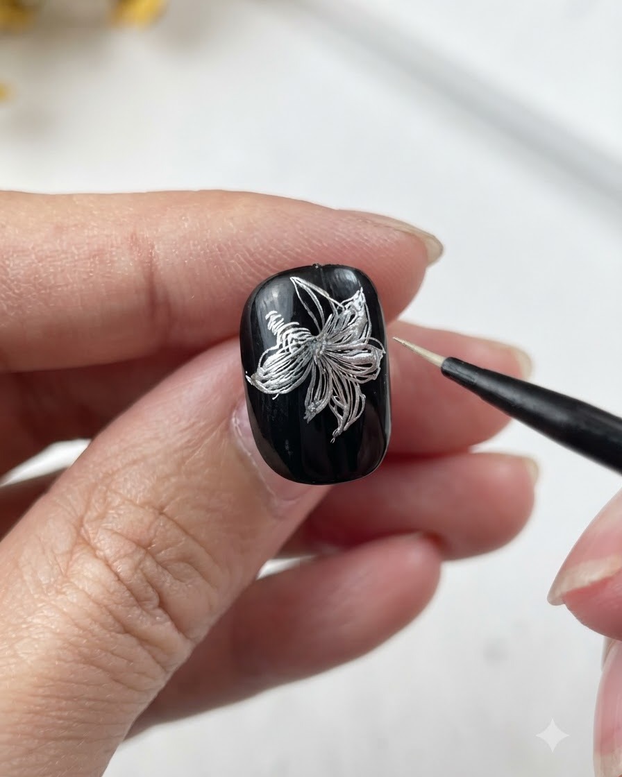La nail art del giglio in argento completata, che mostra i sei petali dettagliati sulla base nera.