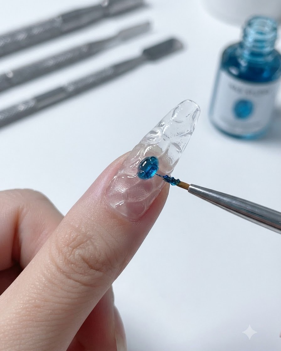 Un pennello sottile per nail art che preleva una goccia di gel effetto vetro blu traslucido da una superficie di miscelazione.