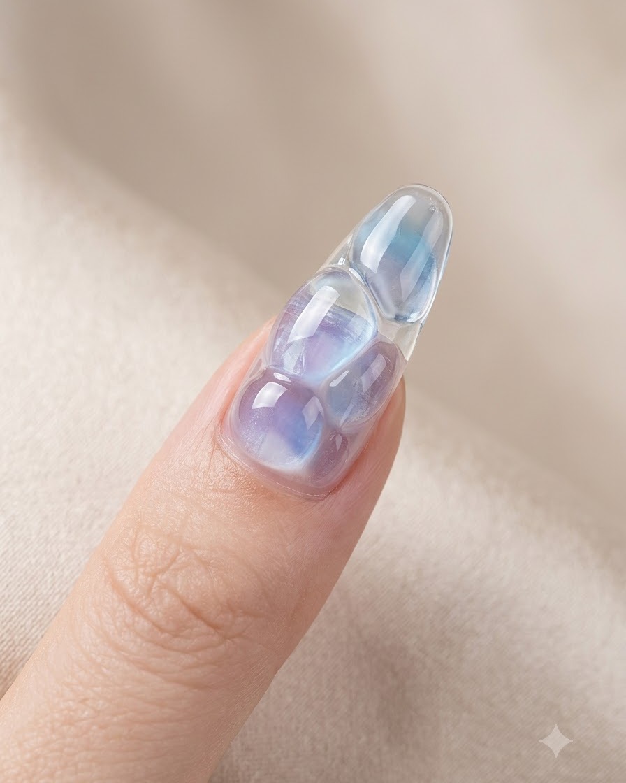 Un pennello che applica il top coat sigillante sopra un design per unghie in gel con texture a onda dacqua.