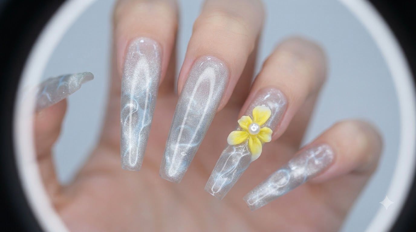 Unghie lunghe a ballerina in gel con base cat eye argentata, onde dacqua blu tridimensionali e un accento floreale giallo 3D.