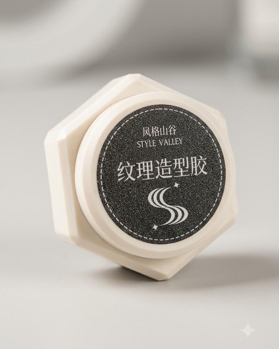 Un borcan de produs cu gel de modelare a texturii Style Valley etichetat cu caractere chinezești.