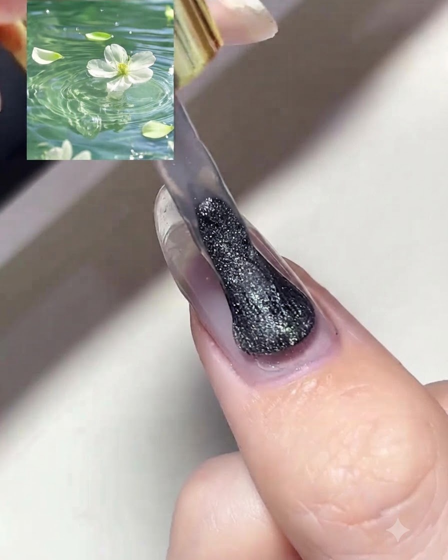 Un pennello da unghie applica una passata di smalto semipermanente cat eye magnetico argentato brillante su ununghia preparata.