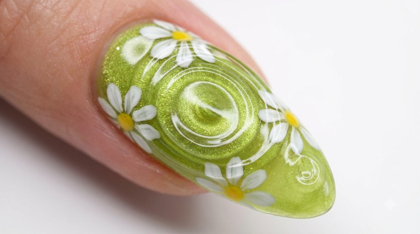 Unghie Effetto Occhio di Gatto Verde Lime con Effetto Acqua e Margherite — Tutorial Passo dopo Passo