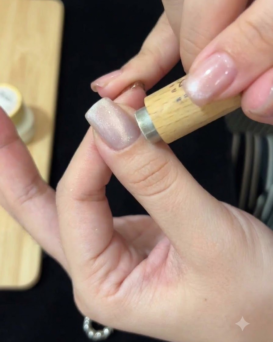 Unoスティック magnetico in legno viene tenuto vicino a ununghia rivestita di gel cat-eye per modellare il punto luce.