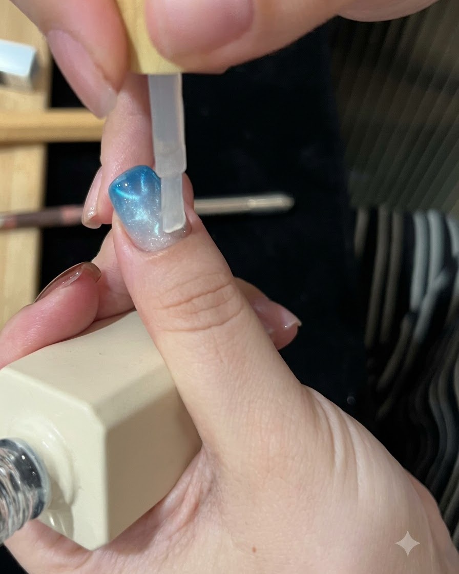 Un pennello che distribuisce uno strato di top coat trasparente sopra una nail art blu completata.