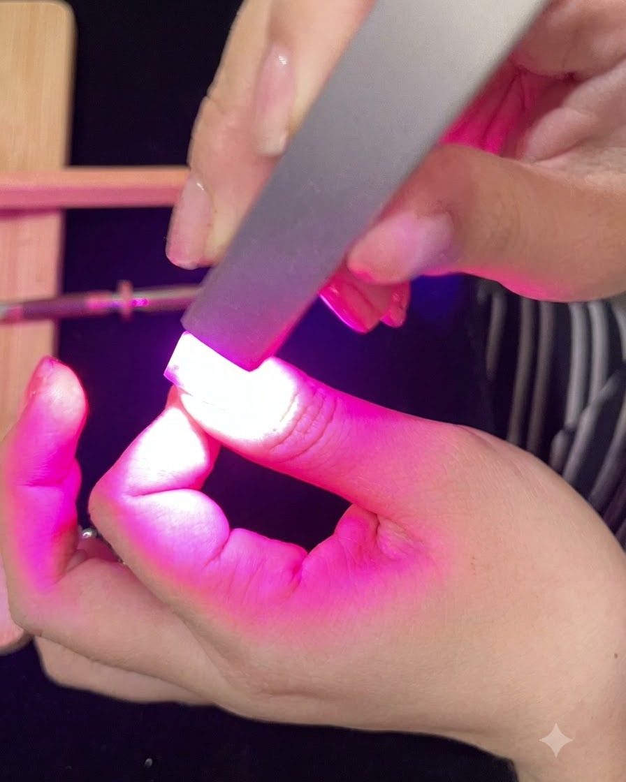 Ununghia in fase di polimerizzazione sotto una lampada UV o LED rosa brillante durante la stesura del top coat finale.