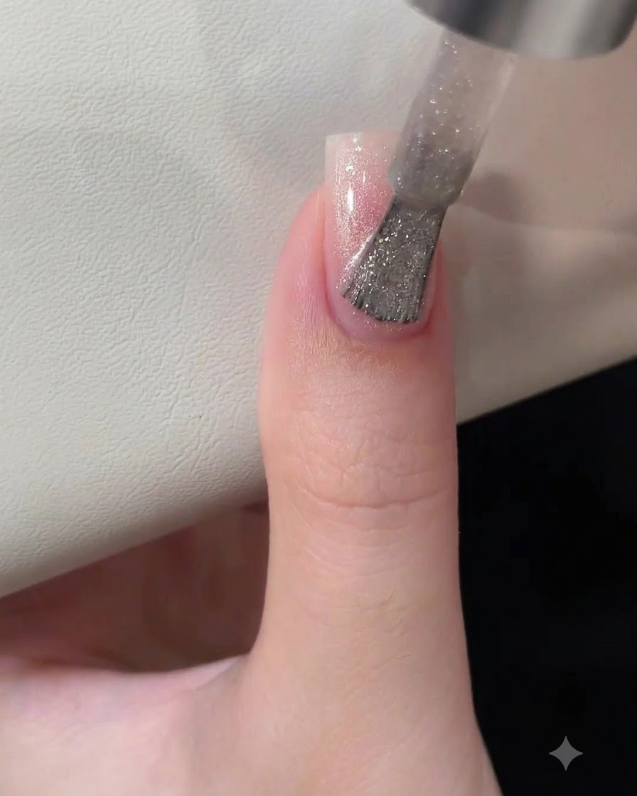 Un pennello per smalto che applica un gel cat-eye argentato e scintillante su ununghia con sfumatura rosa.